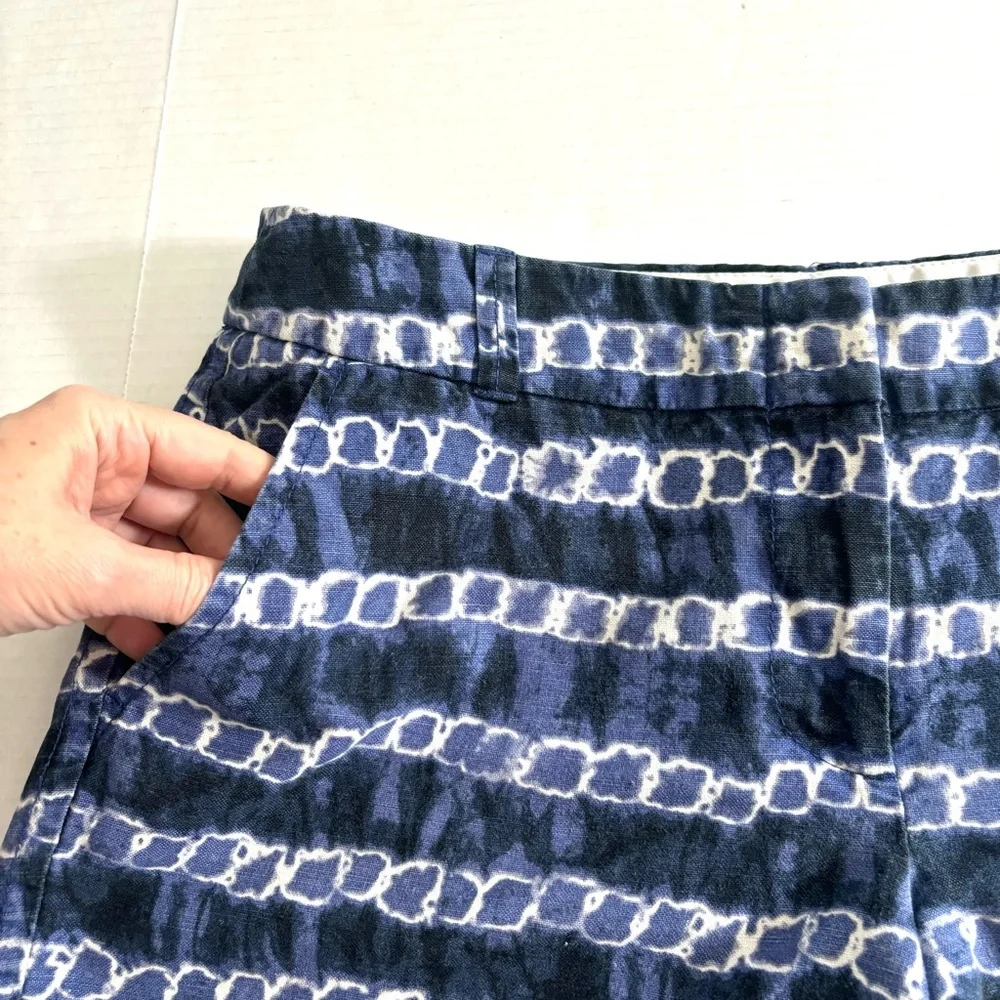 J.Crew Linen Blend Blue White Tie Dye Chain 4.5” Shorts Pockets Women’s size 8‎